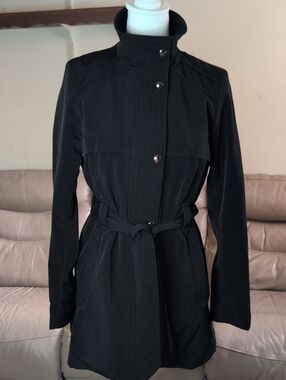 Jones New York Black Soft Shell Trench Coat with Tie Belt Size Petite Medium